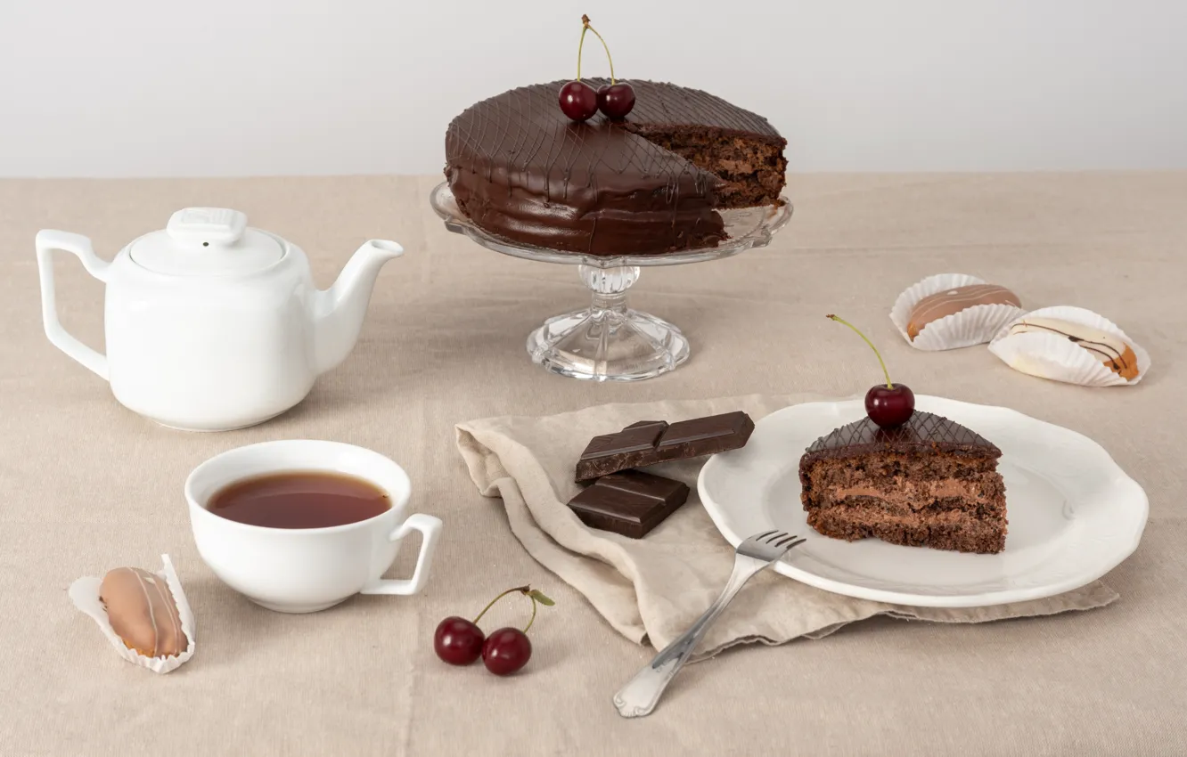 Photo wallpaper tea, chocolate, candy, cake, dessert, sweet, Chocolate, Cake