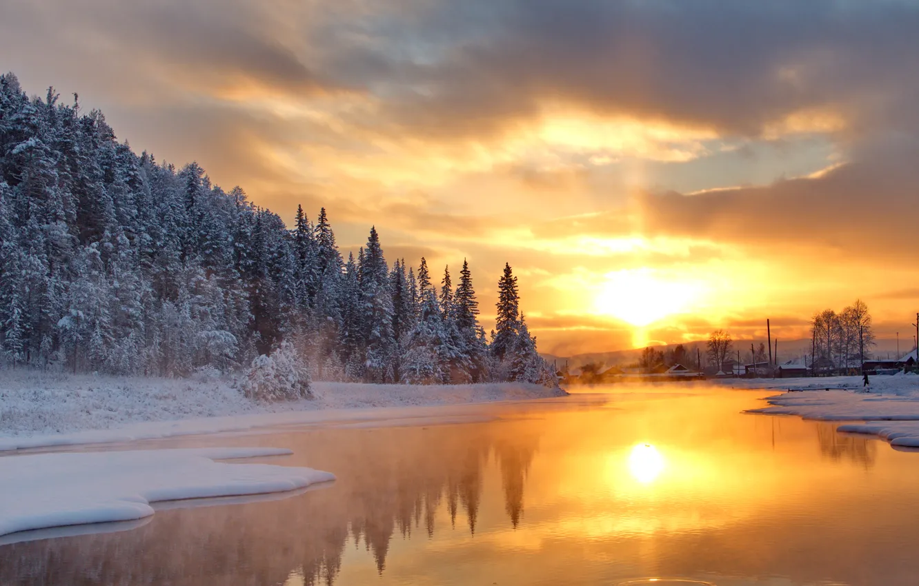 Photo wallpaper winter, forest, lake, sunrise, dawn, forest, Winter, lake