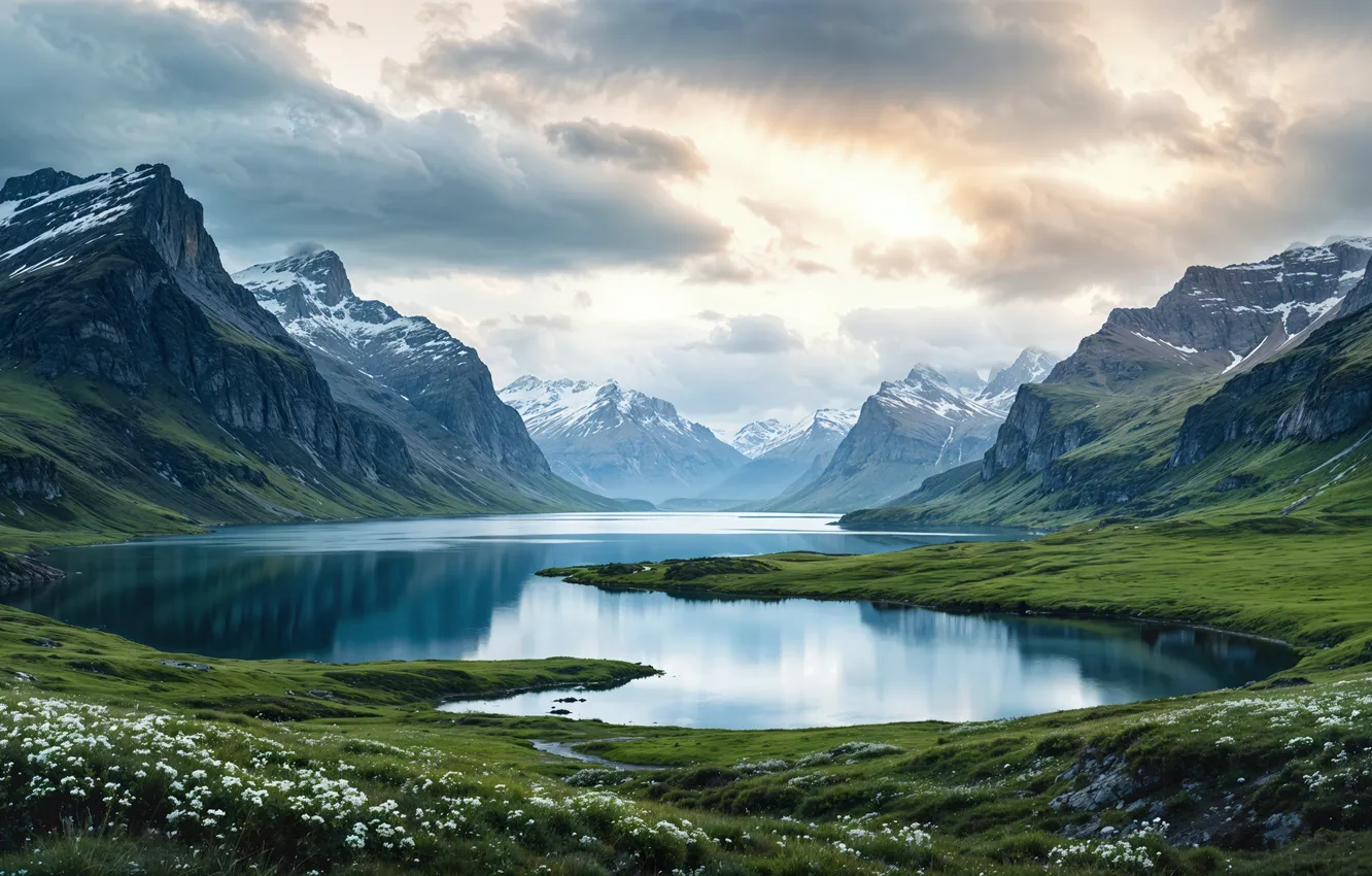 Photo wallpaper winter, the sky, snow, mountains, clouds, nature, river, river