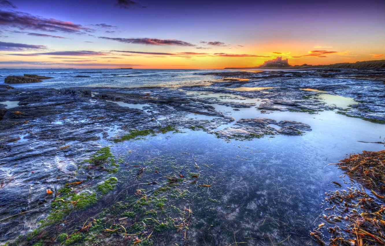 Photo wallpaper the sky, clouds, coast, England, Bamburgh Beach