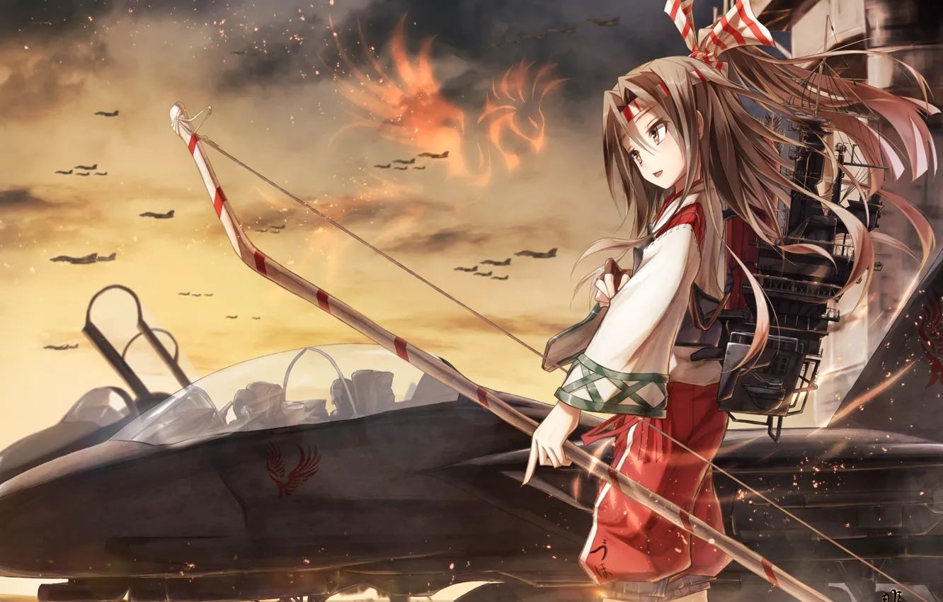 Photo wallpaper the sky, girl, clouds, weapons, magic, anime, bow, art