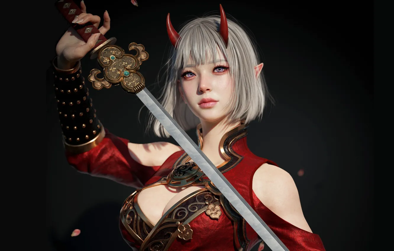 Photo wallpaper girl, sword, dress, art, Asian, horn, grey hair