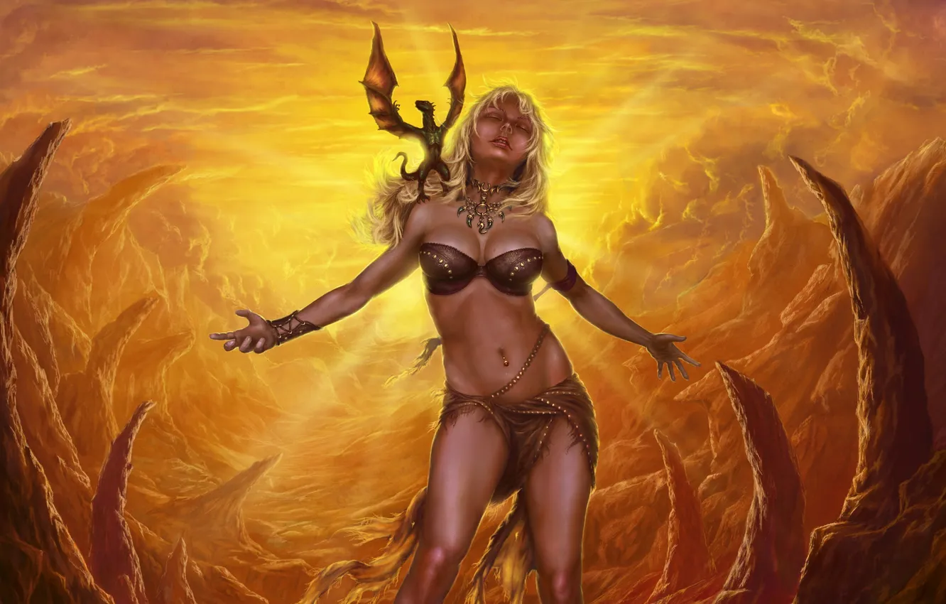 Photo wallpaper girl, face, fiction, dragon, wings, piercing, white hair, Amazon