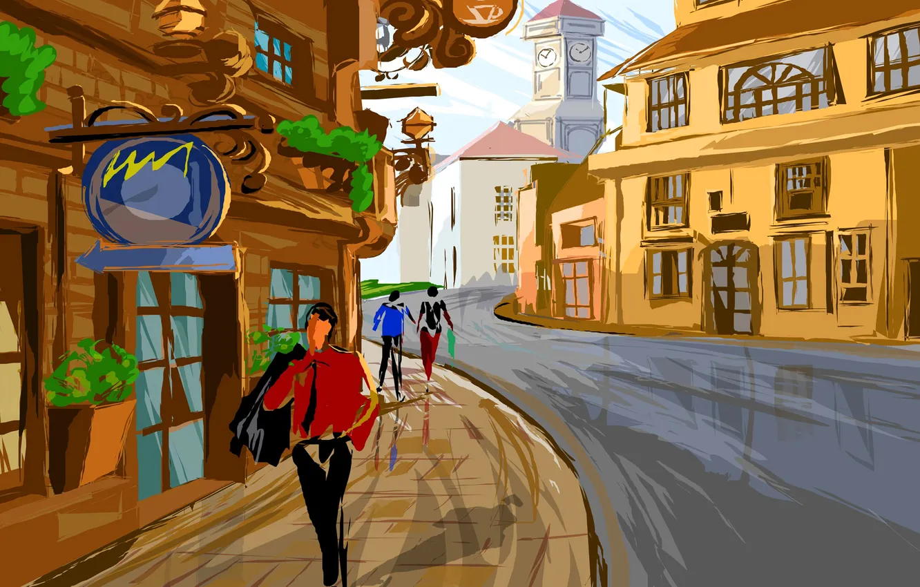 Photo wallpaper street, figure, people, tower, home, vector, the sidewalk