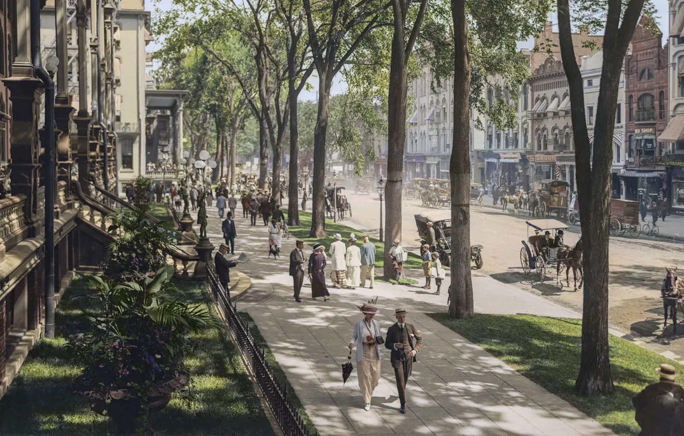 Photo wallpaper vintage, New York, Broadway, peoples, 1915, colorized, Saratoga Springs