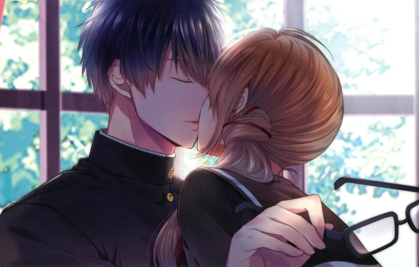 Photo wallpaper kiss, glasses, school uniform, window, visual novel, the guy with the girl, Surah Of The …