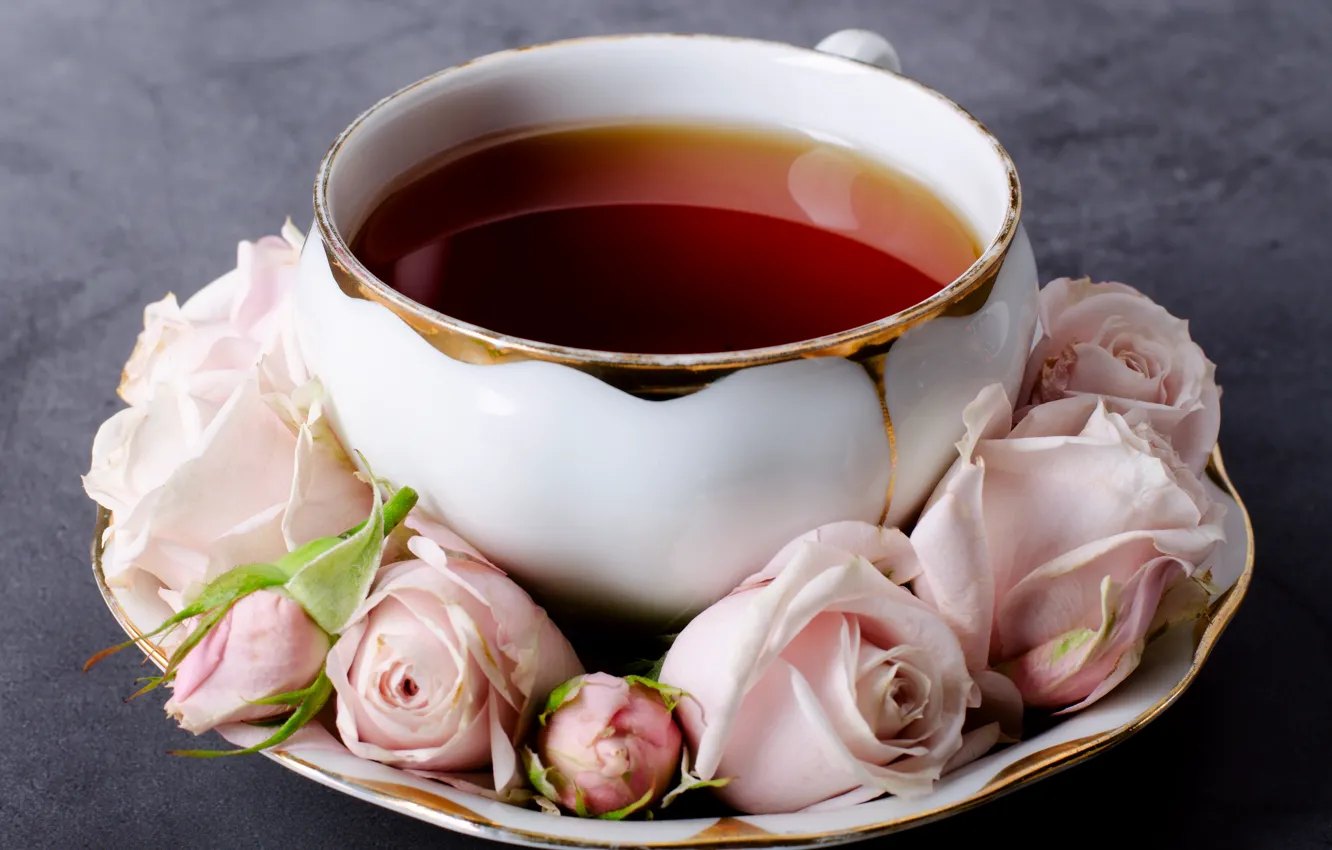 Photo wallpaper flowers, tea, roses, Cup