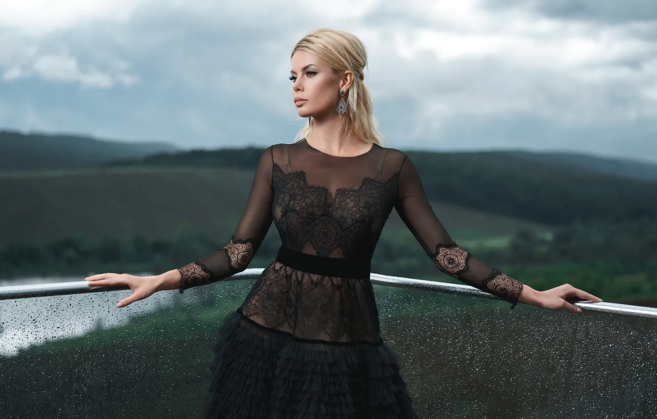 Photo wallpaper the sky, girl, clouds, nature, view, dal, blonde, black dress