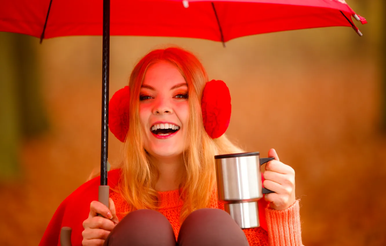 Photo wallpaper girl, joy, background, mood, umbrella, headphones, blonde, mug
