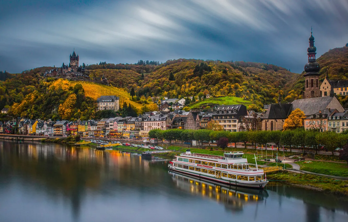 Photo wallpaper autumn, mountains, the city, castle, shore, Germany, architecture, pond