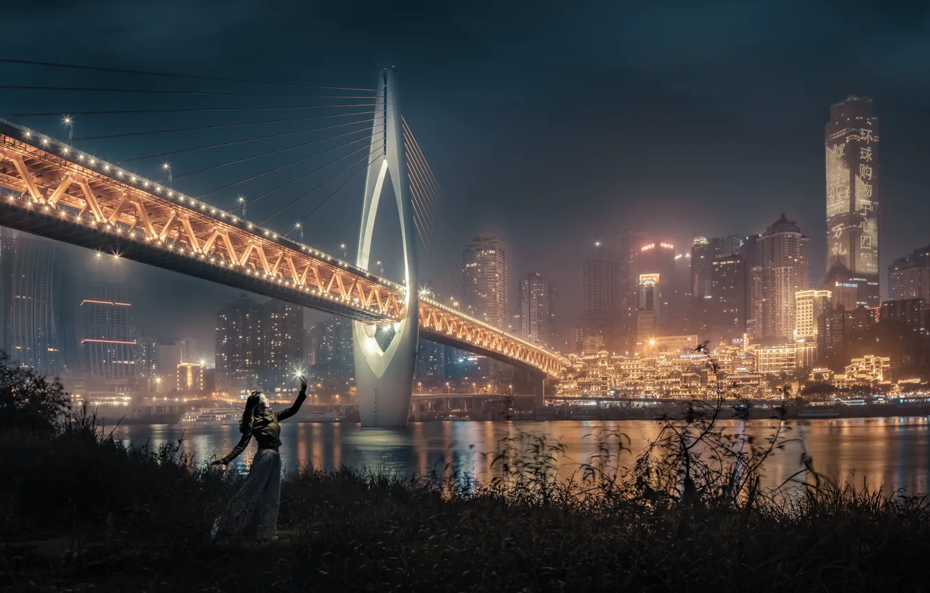 Photo wallpaper girl, night, bridge, the city, lights