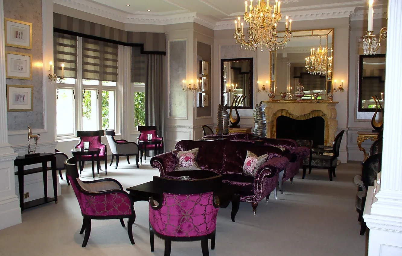 Photo wallpaper design, interior, picture, chair, pillow, mirror, chandelier, fireplace