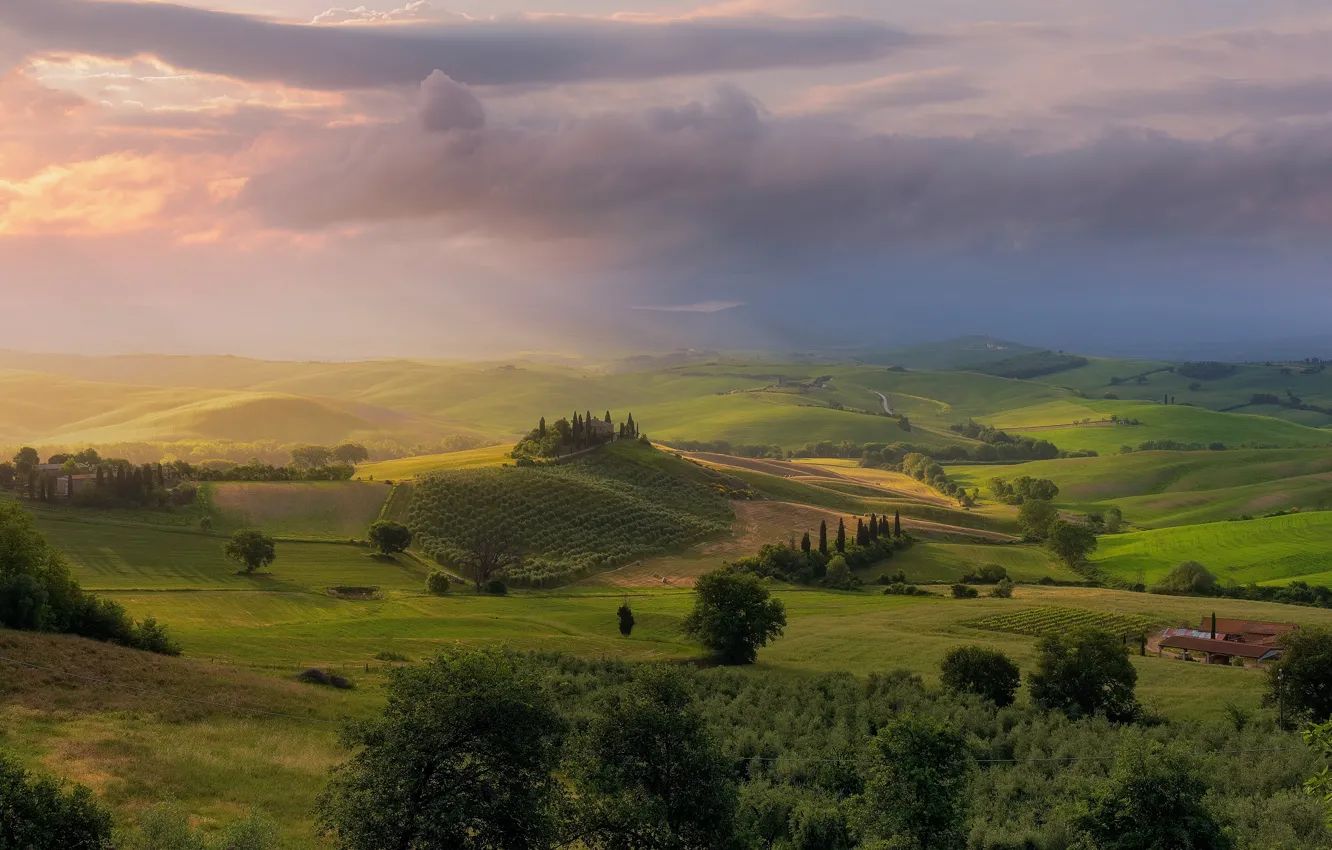 Photo wallpaper field, the sky, nature, hills, view, meadow, Italy, haze