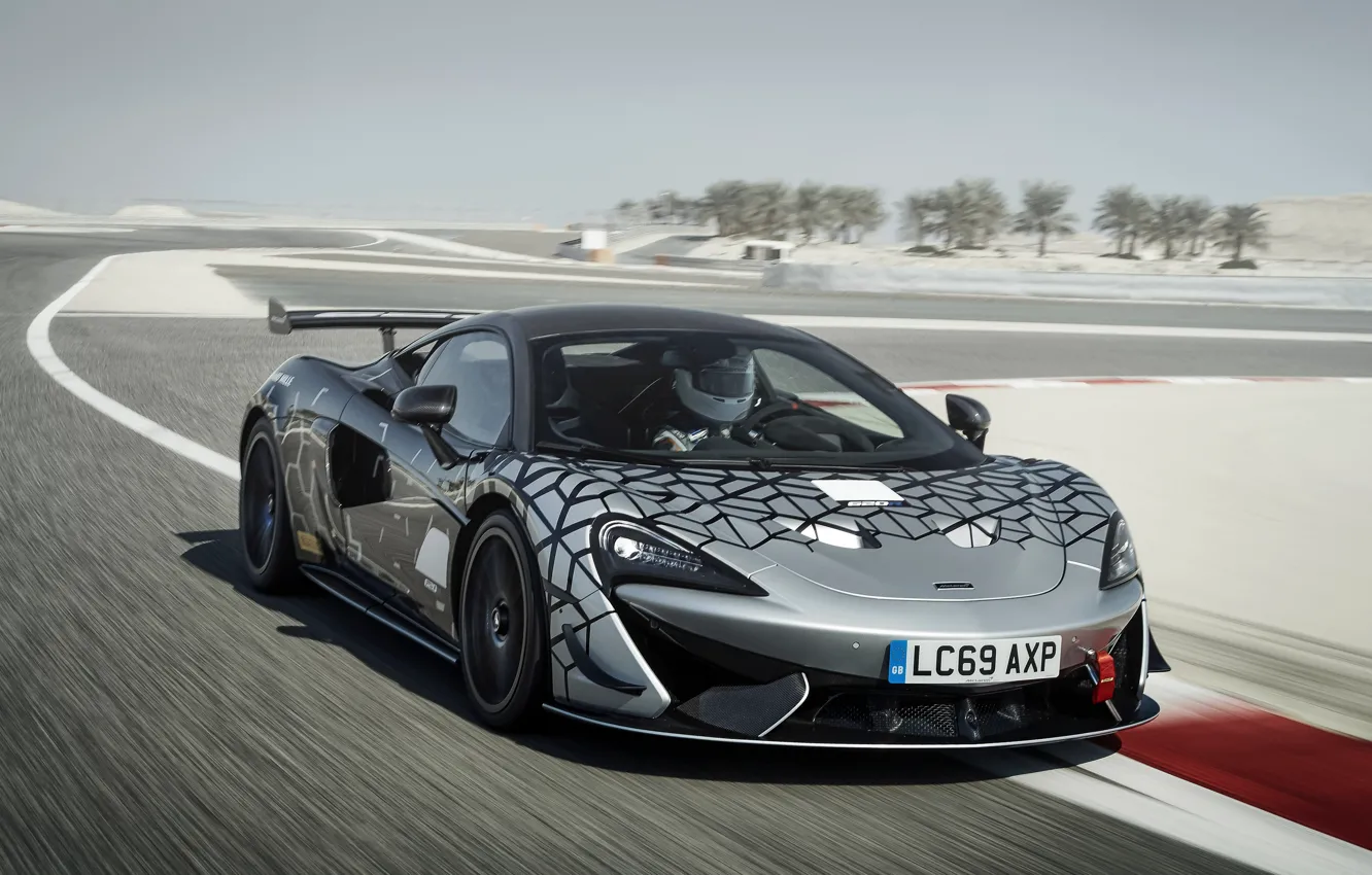 Photo wallpaper coupe, McLaren, 2020, V8 twin-turbo, 620R, black and grey, 620 HP, 3.8 L.