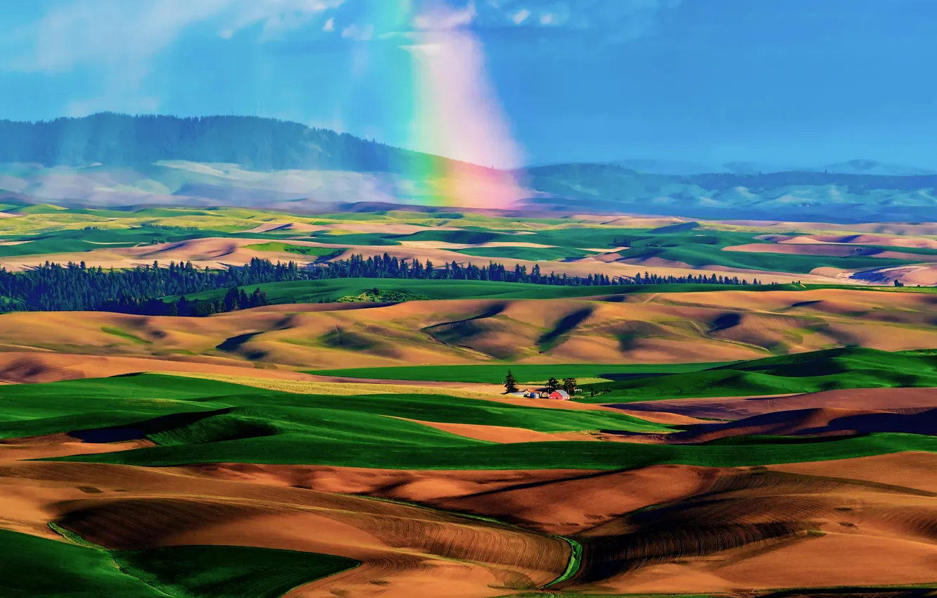 Photo wallpaper field, the sky, hills, carpet, rainbow, valley, house