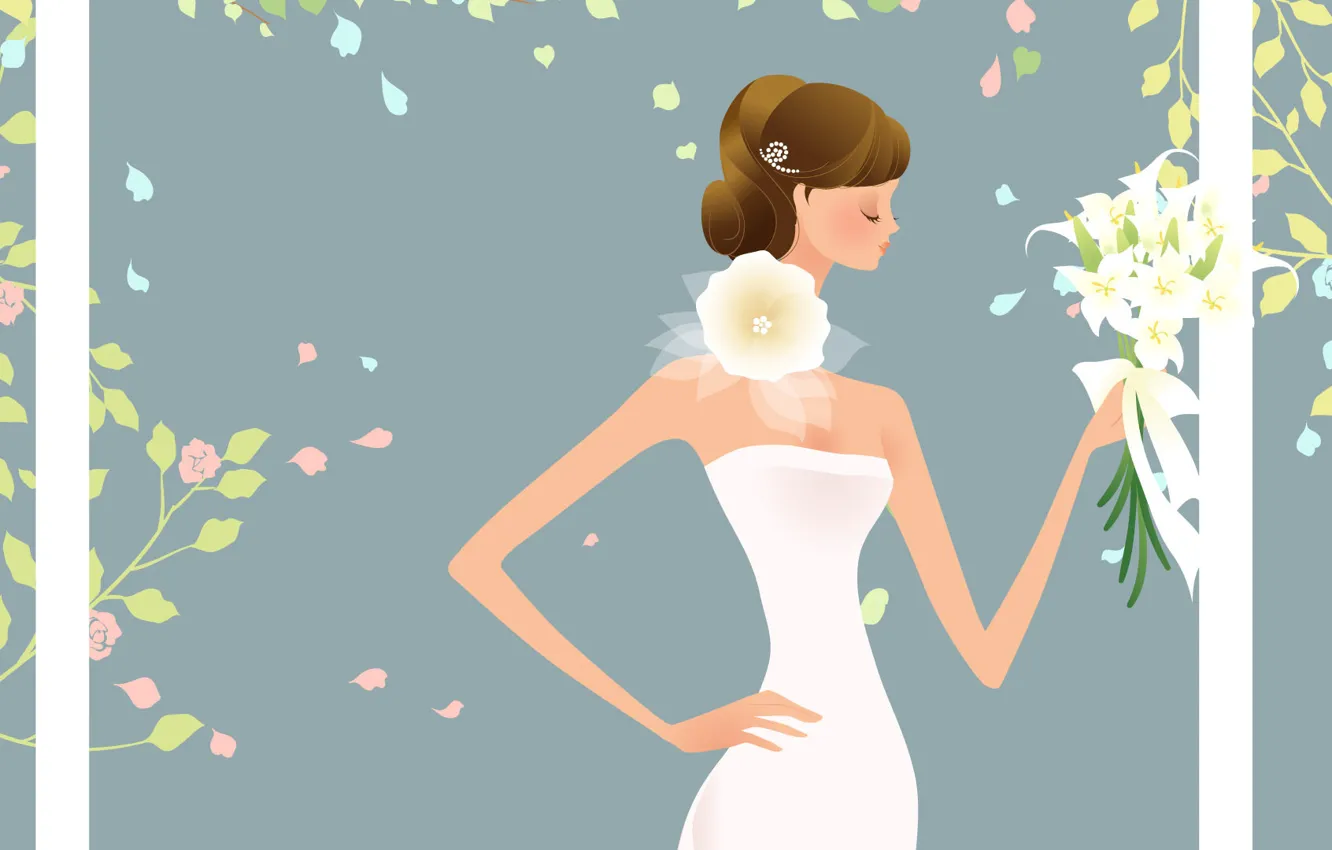 Photo wallpaper white, vector, bouquet, the bride, wedding