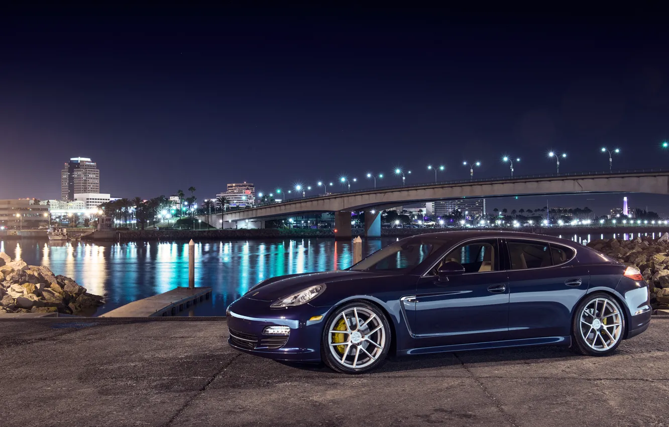 Photo wallpaper night, blue, bridge, the city, lights, porsche, Porsche, blue