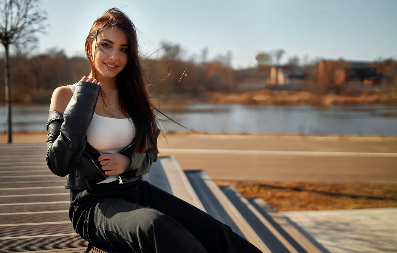 Photo wallpaper chest, girl, smile, street, hair, brunette, jacket, girl