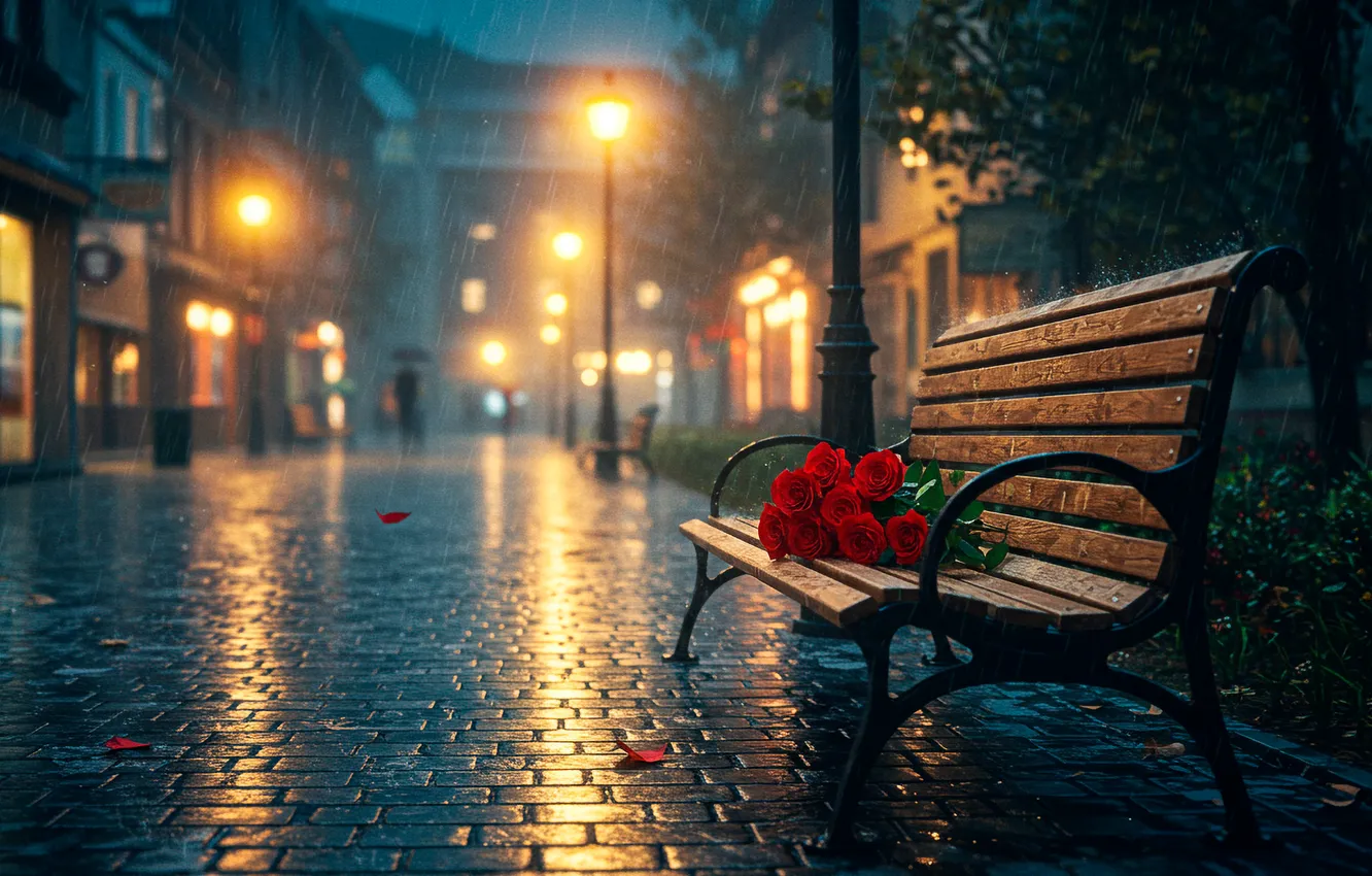 Photo wallpaper bench, city, the city, rain, Wallpaper, street, roses, bouquet