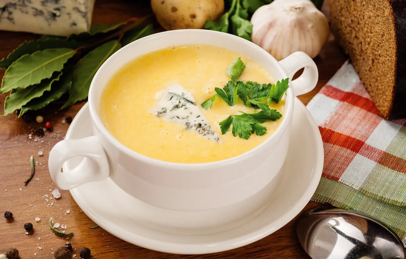 Photo wallpaper greens, cheese, soup, garlic, cheese