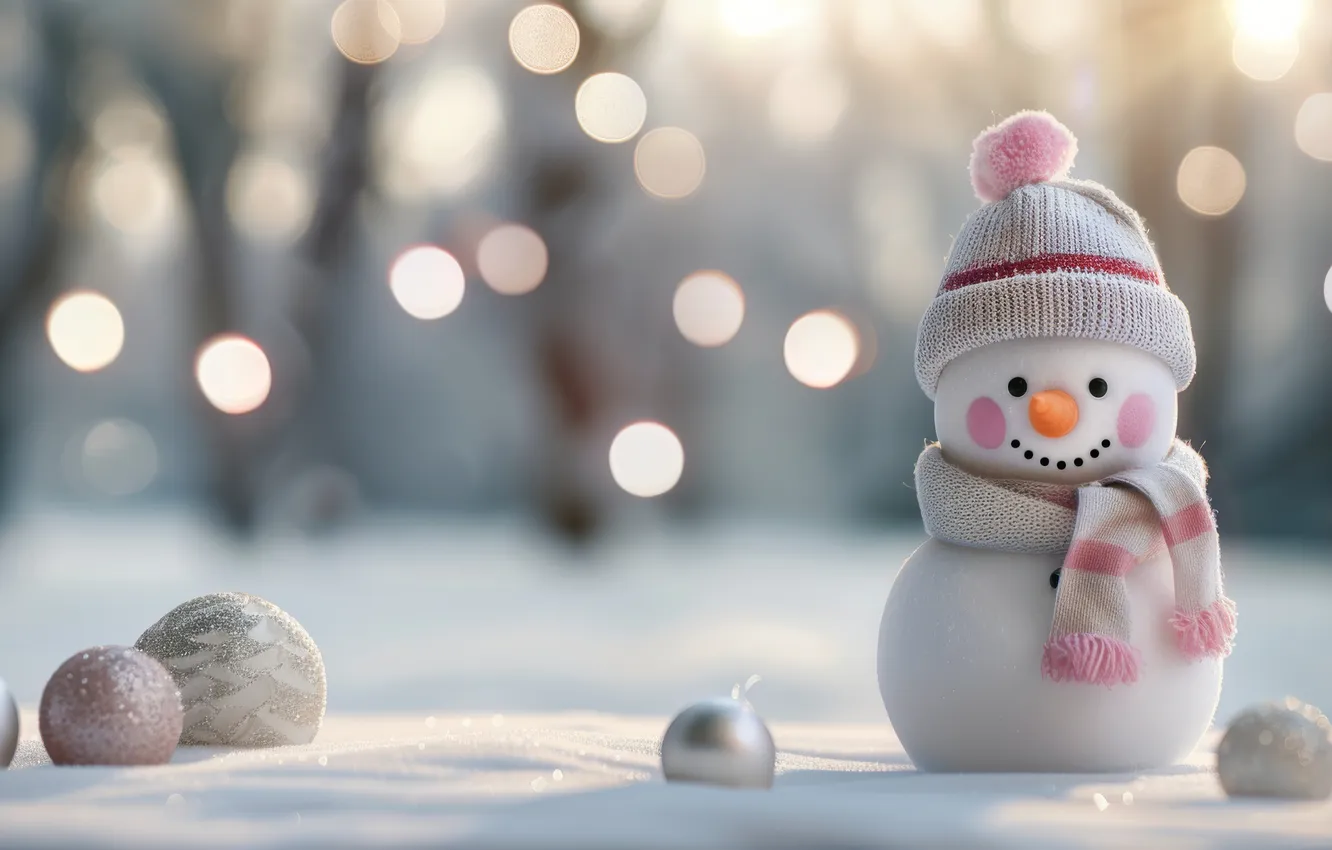 Photo wallpaper winter, frost, forest, balls, snow, trees, branches, nature