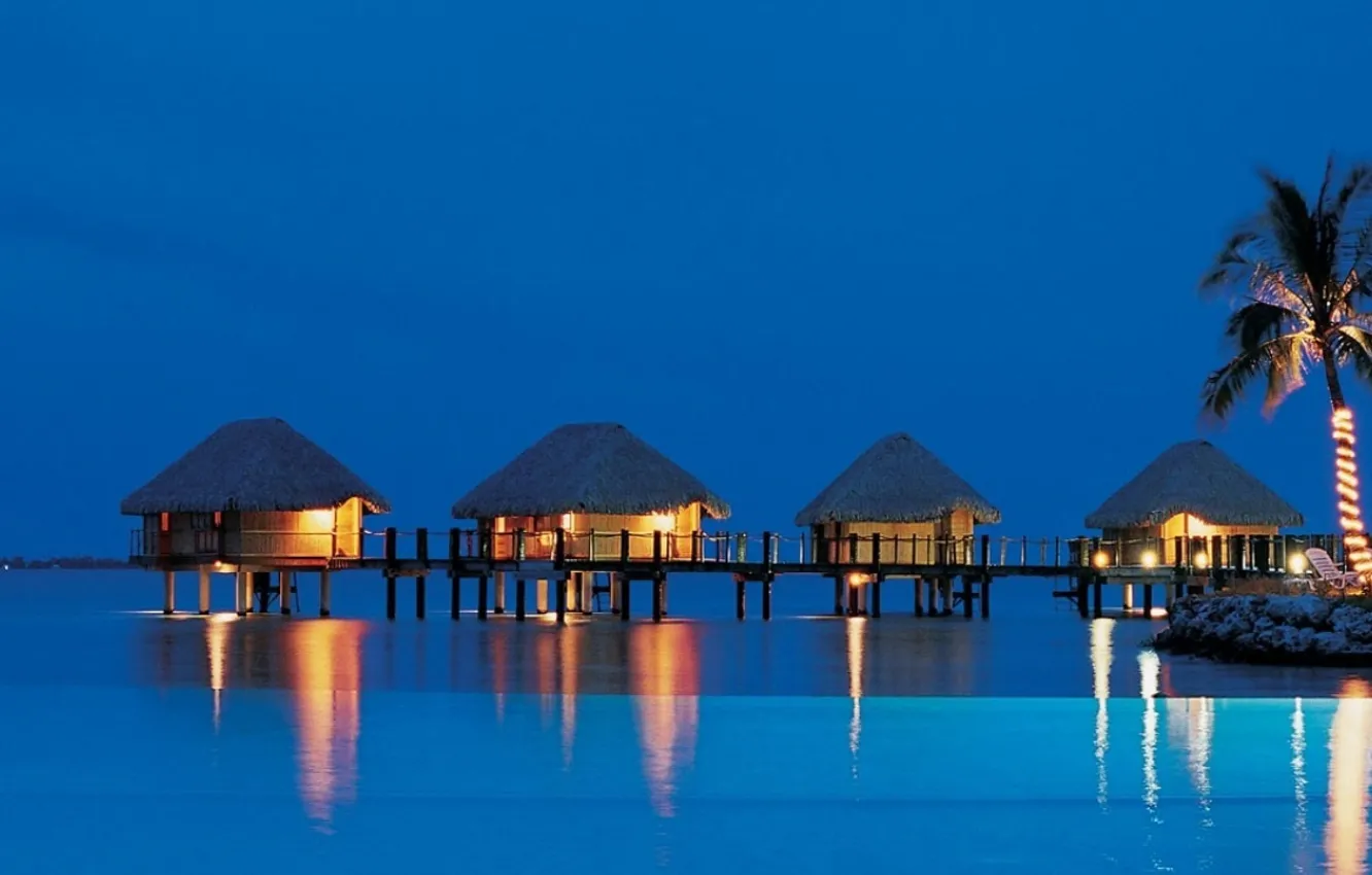 Photo wallpaper the ocean, the evening, resort, Bungalow, sea, Tahiti, evening, resort