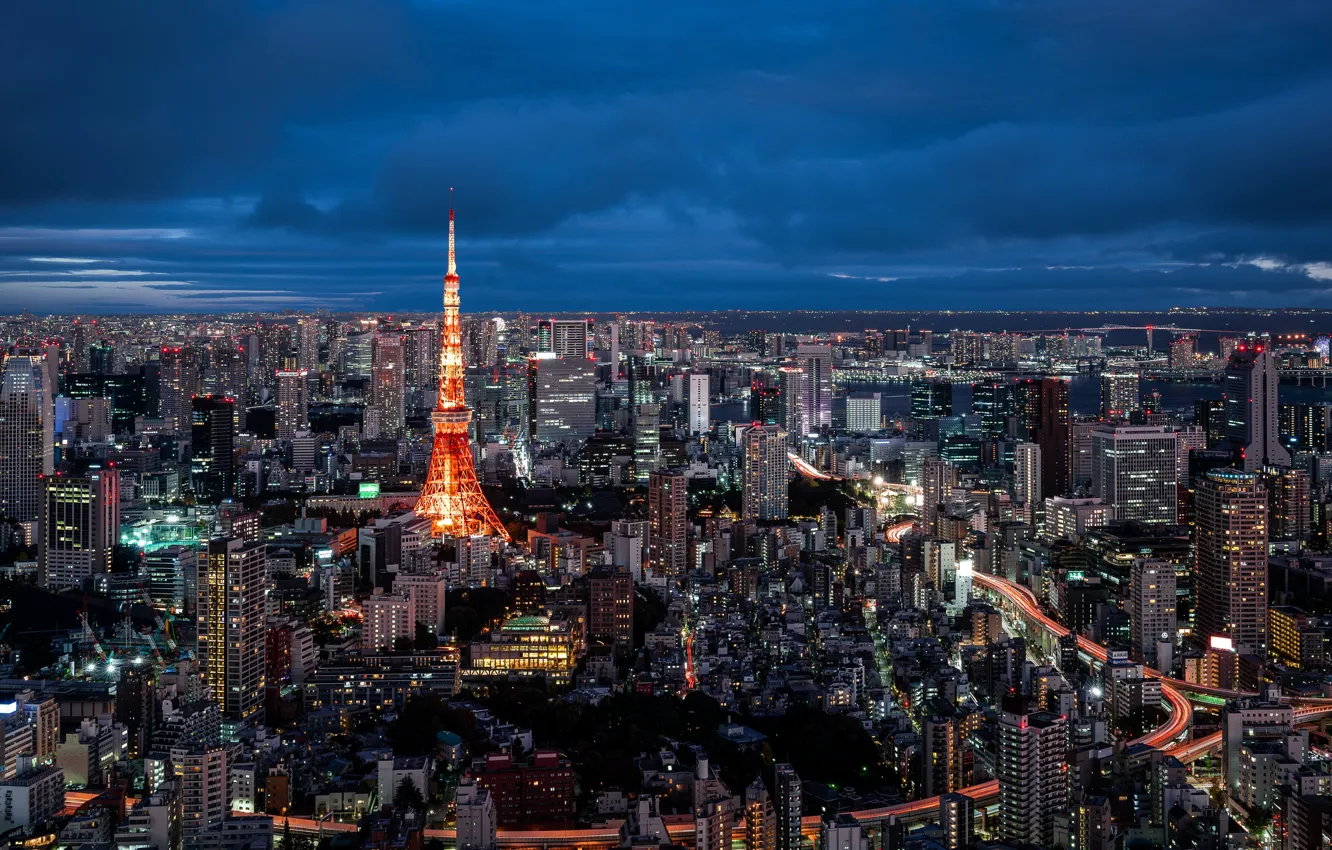 Photo wallpaper lights, the evening, Japan, Tokyo, Tokyo Tower