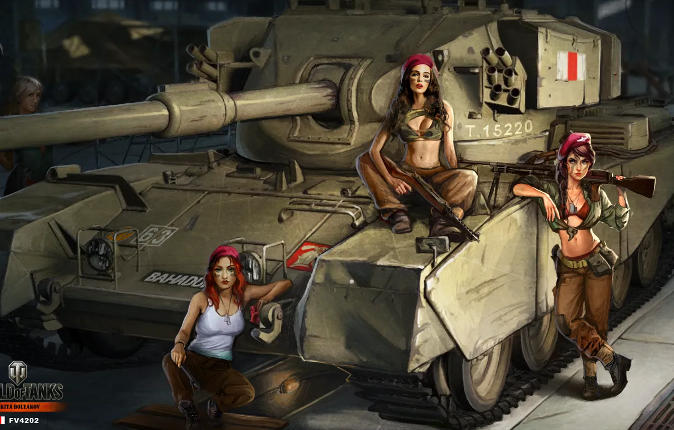 Photo wallpaper girl, figure, art, hangar, tank, British, the crew, average