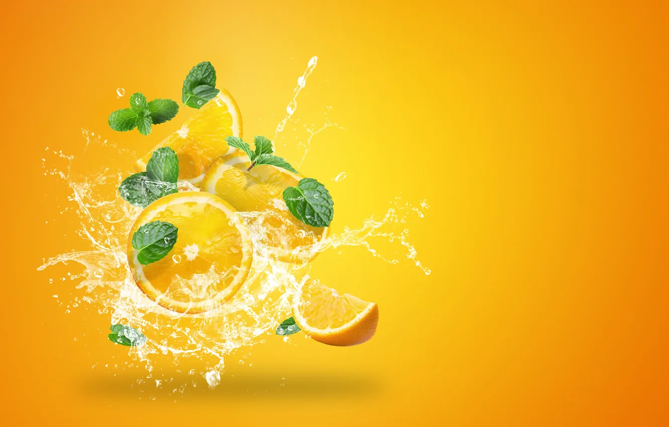 Photo wallpaper water, squirt, yellow, background, orange, splash, citrus