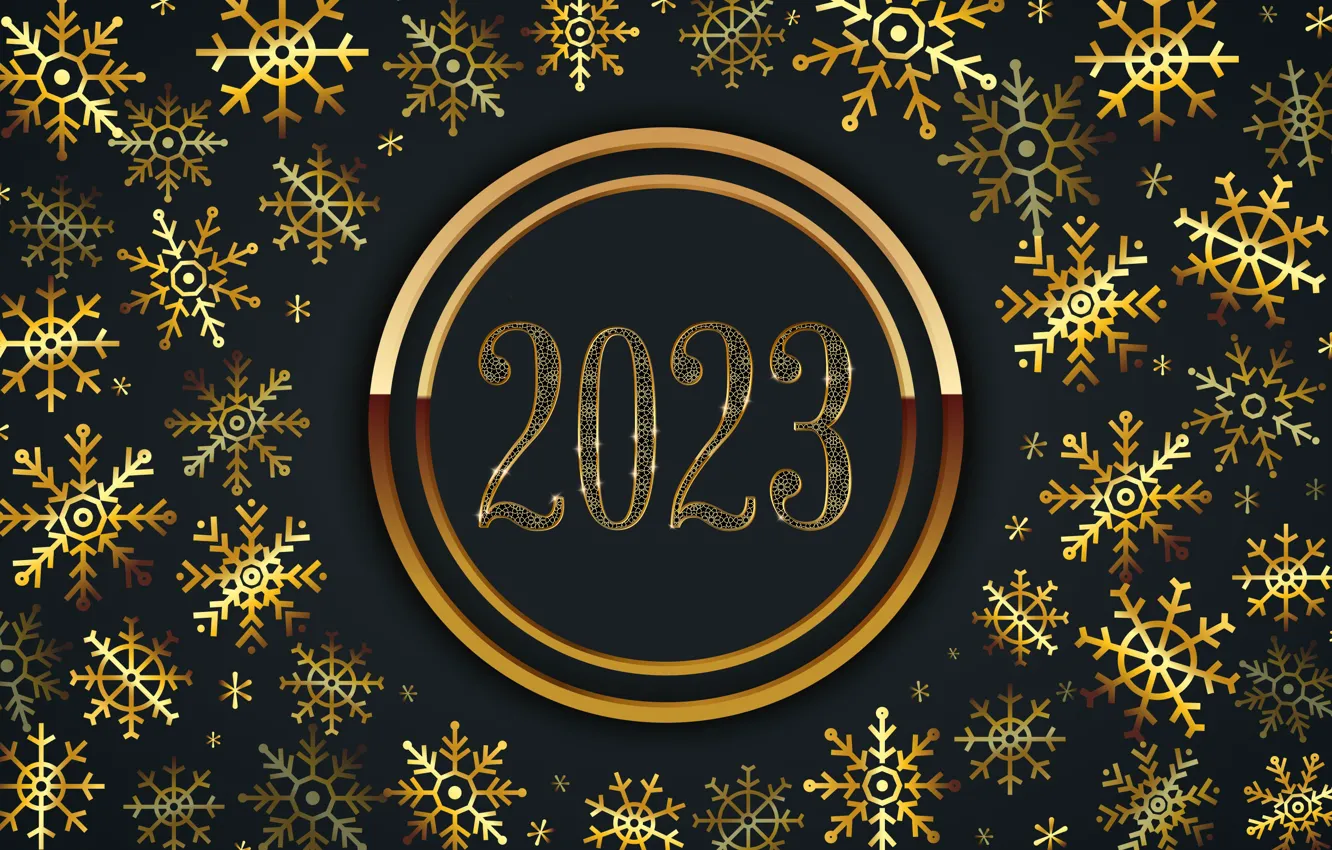Photo wallpaper snowflakes, gold, New Year, figures, golden, happy, New Year, luxury
