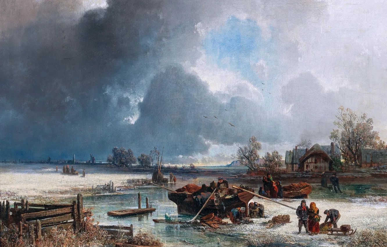 Photo wallpaper winter, clouds, snow, river, boat, people, home, picture