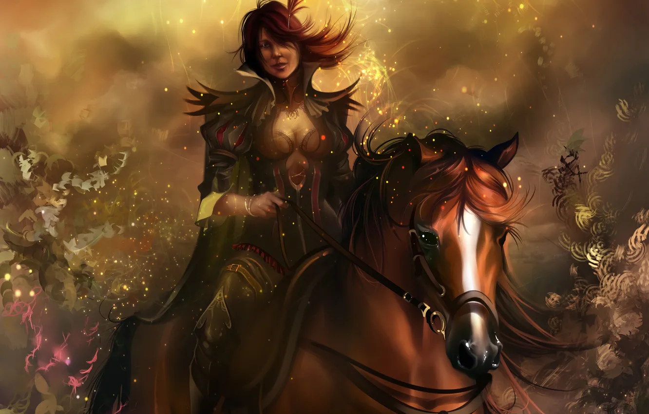 Photo wallpaper horse, pen, Shine, Girl, rider, sparks