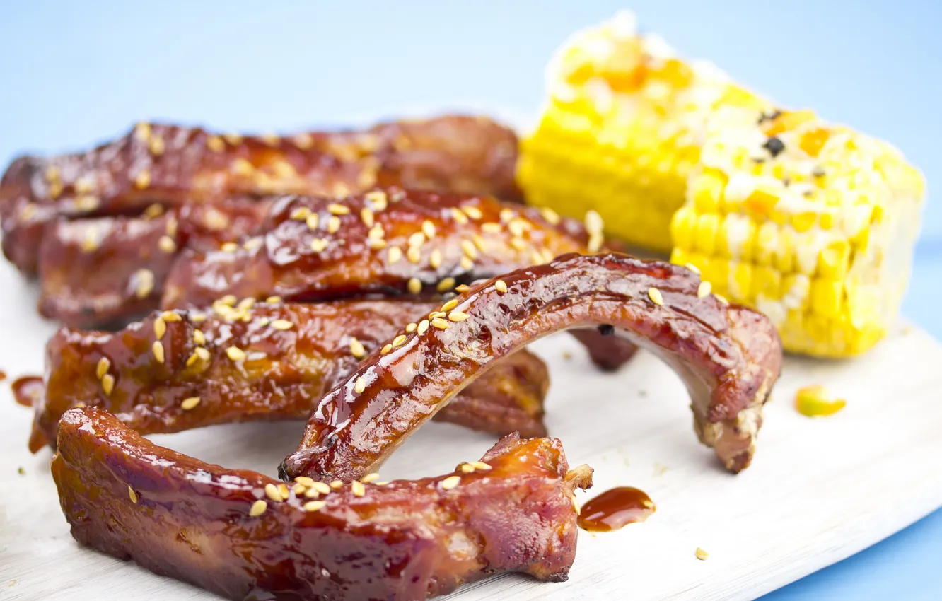 Photo wallpaper background, food, corn, plate, BBQ, ribs baked