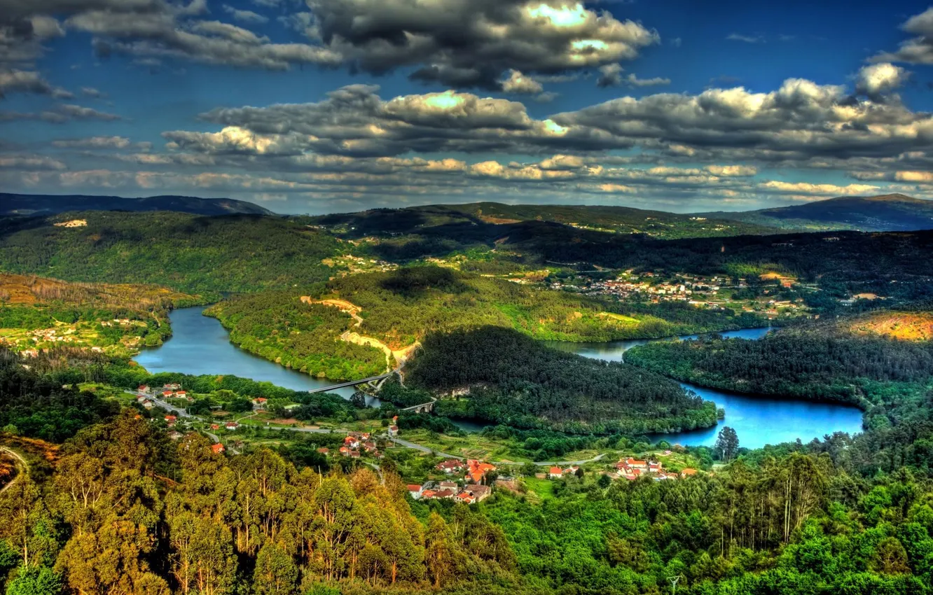 Photo wallpaper forest, clouds, trees, bridge, nature, river, village