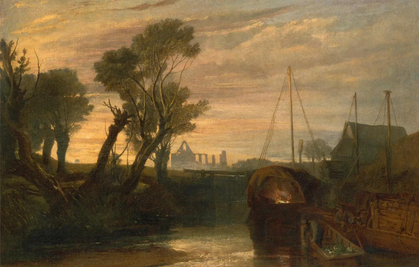 Photo wallpaper trees, landscape, river, boat, picture, William Turner, Abbey Newark