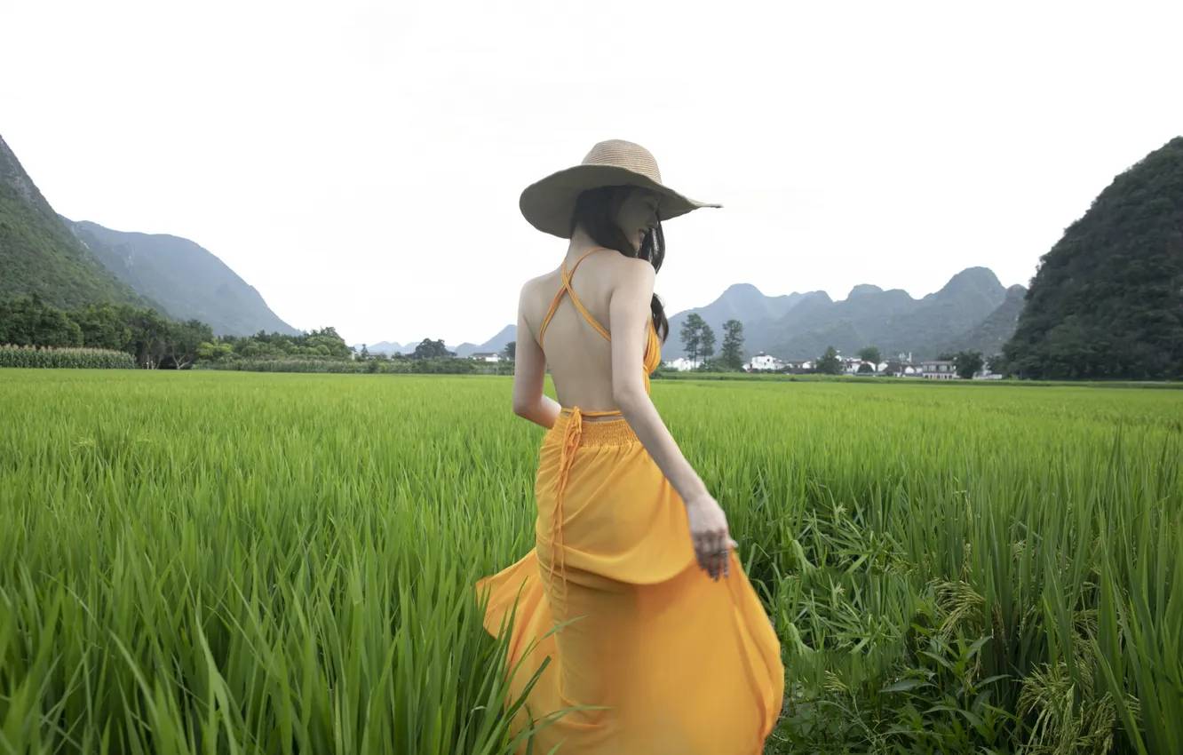 Photo wallpaper hat, woman, smile, beautiful, mountain, model, pretty, asian
