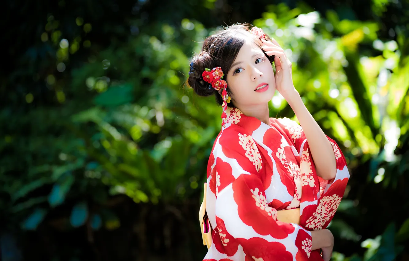 Photo wallpaper girl, kimono, Asian, bokeh