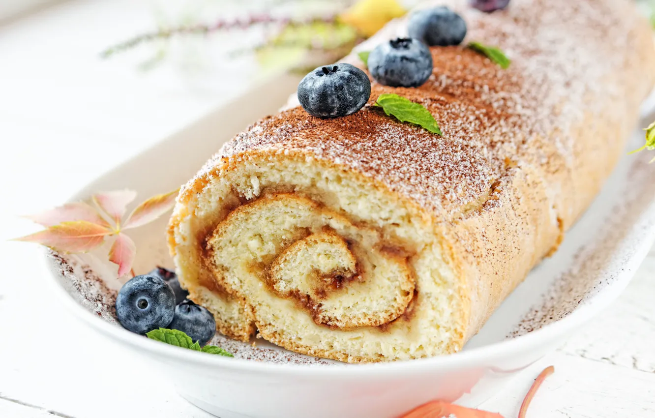 Photo wallpaper food, blueberries, plate, cakes, sweet, roll