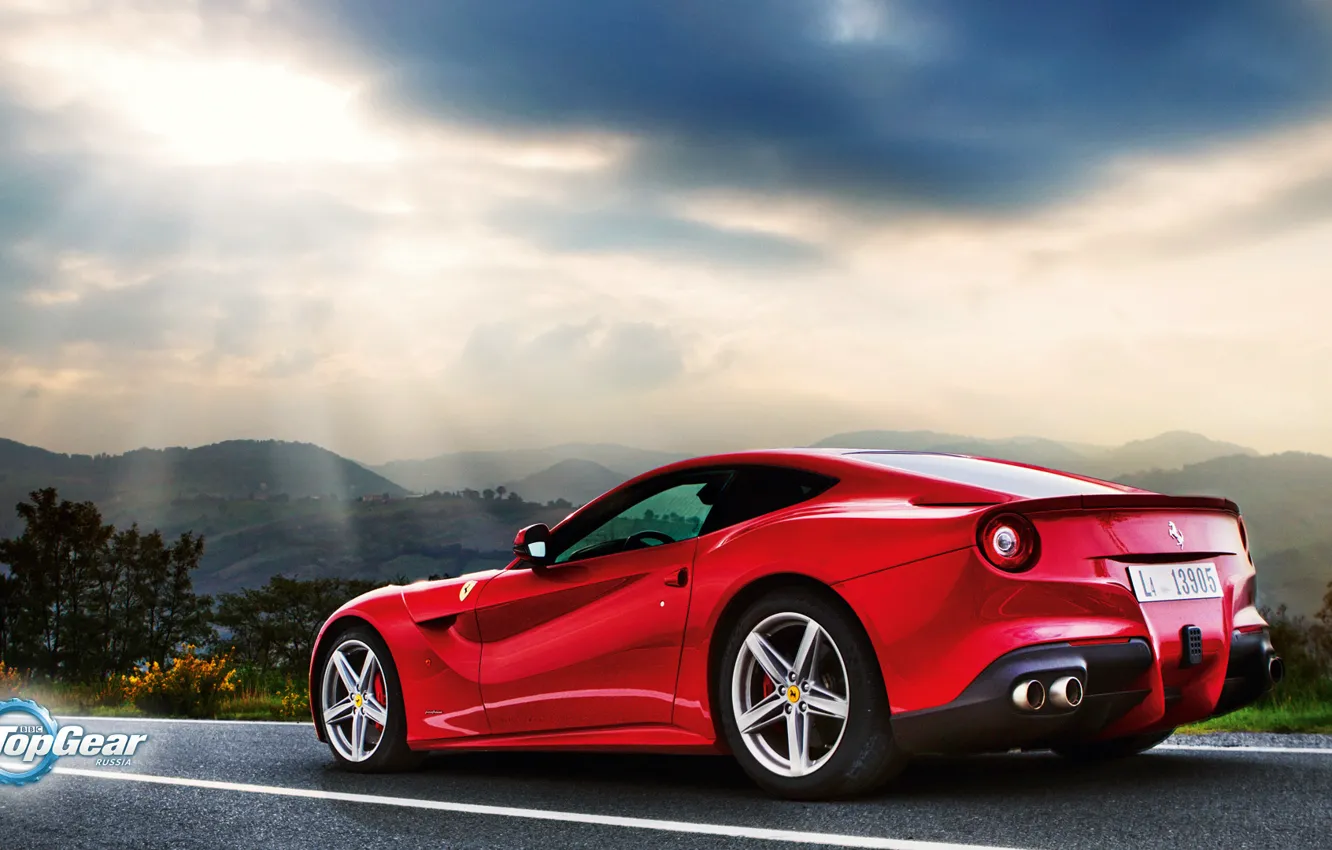 Photo wallpaper Top Gear, Ferrari, Red, Landscape, Sun, Supercar, Berlinetta, F12