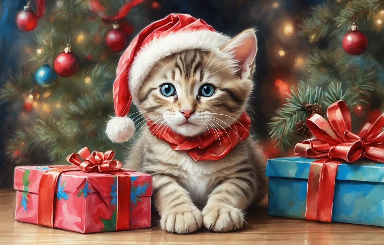 Photo wallpaper cat, look, balls, branches, pose, box, gift, sweetheart