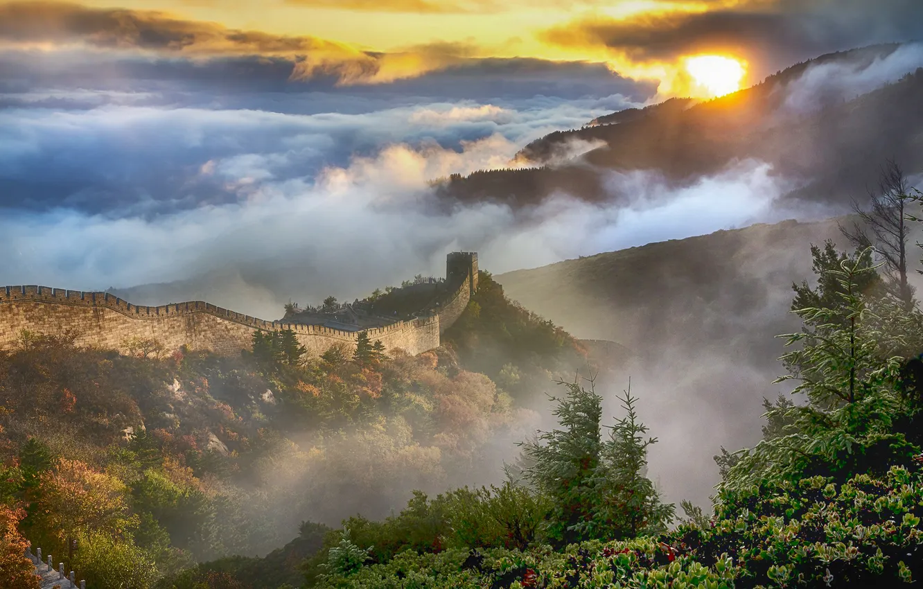 Photo wallpaper China, trees, landscape, mountains, fog, great wall of China