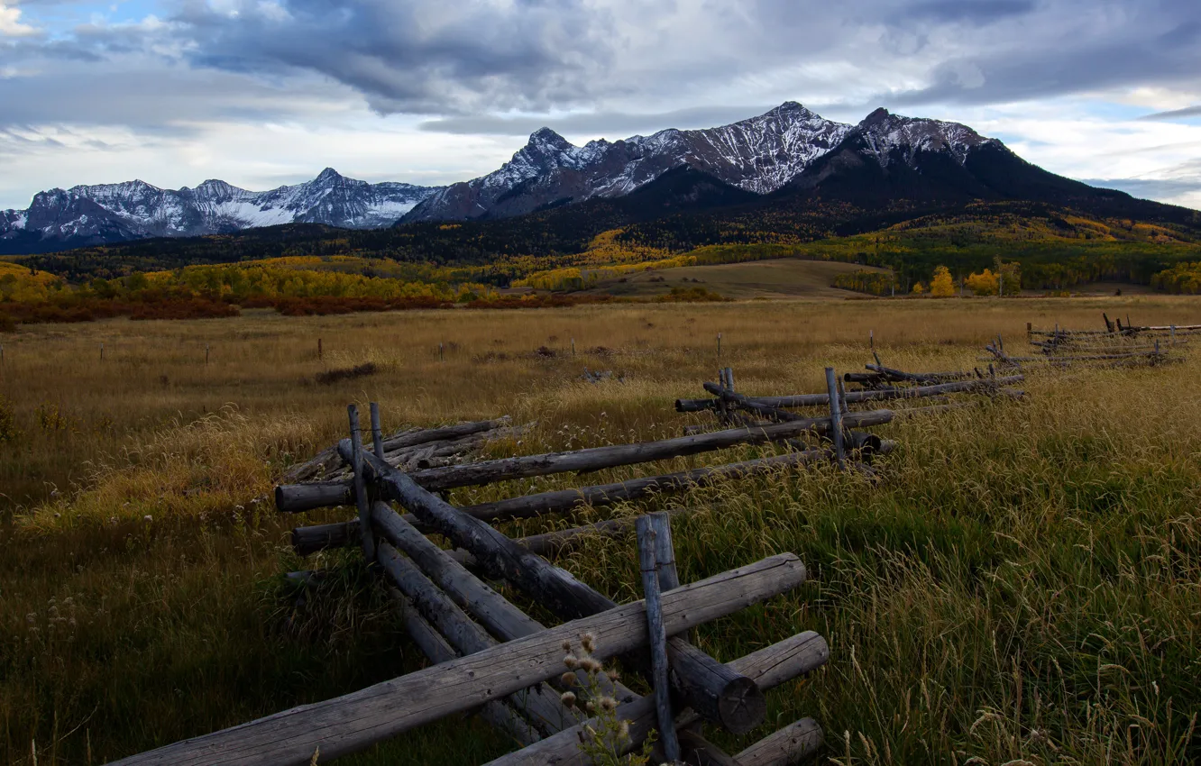 Photo wallpaper field, autumn, forest, grass, mountains, the fence, the fence, log
