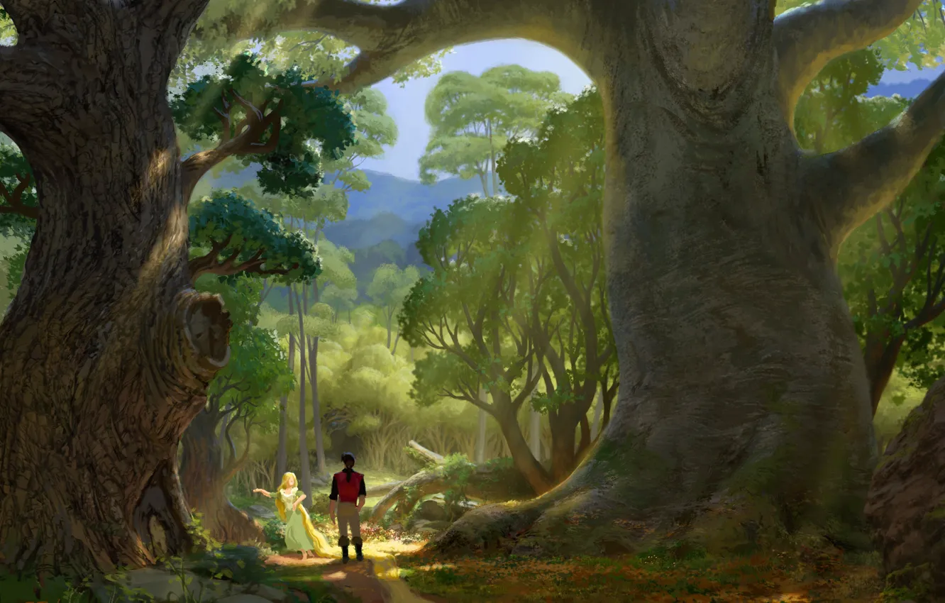 Photo wallpaper forest, trees, figure, art, Rapunzel, path, Tangled, Flynn