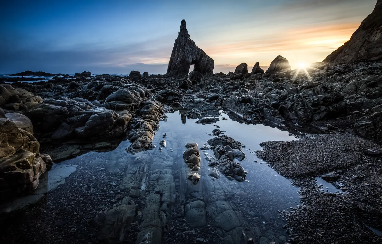 Photo wallpaper sea, the sky, the sun, light, blue, stones, rocks, shore