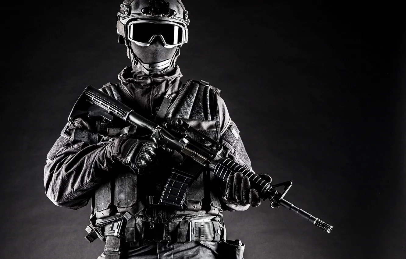 Photo wallpaper background, mask, glasses, soldiers, machine, gloves, helmet, black and white