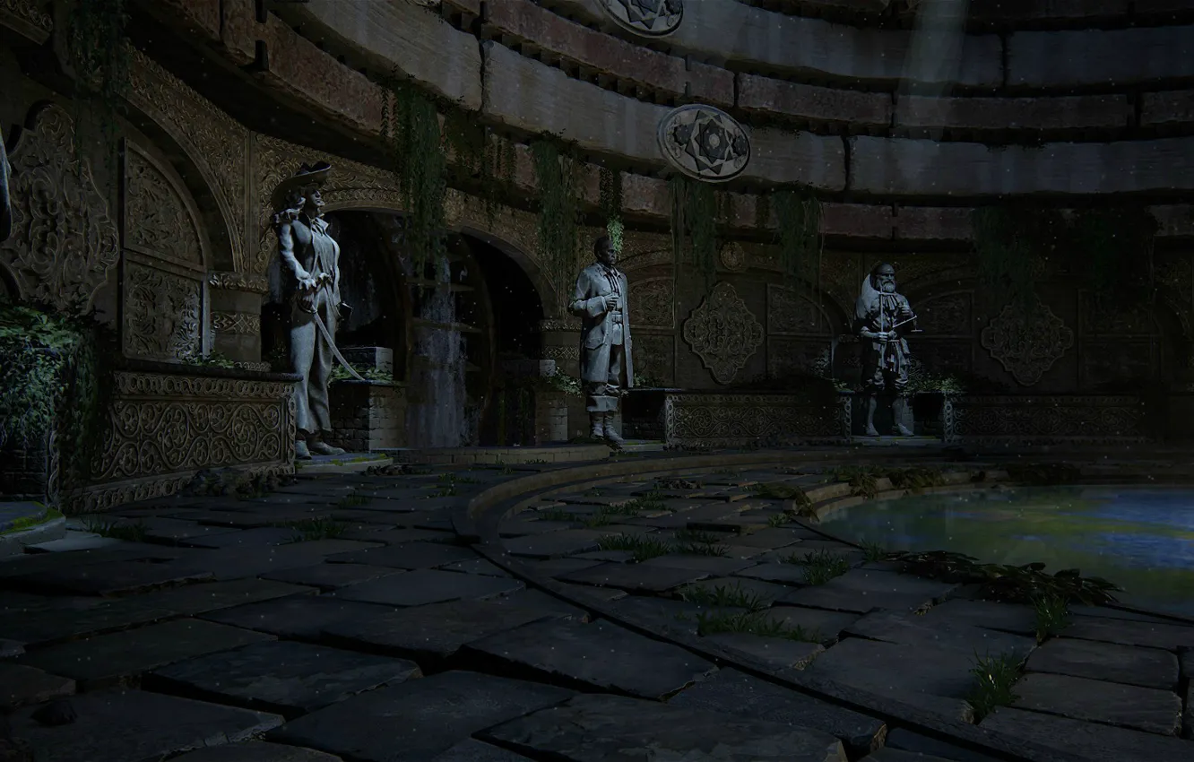 Photo wallpaper statue, pond, the room, Uncharted 4, A Thiefs End