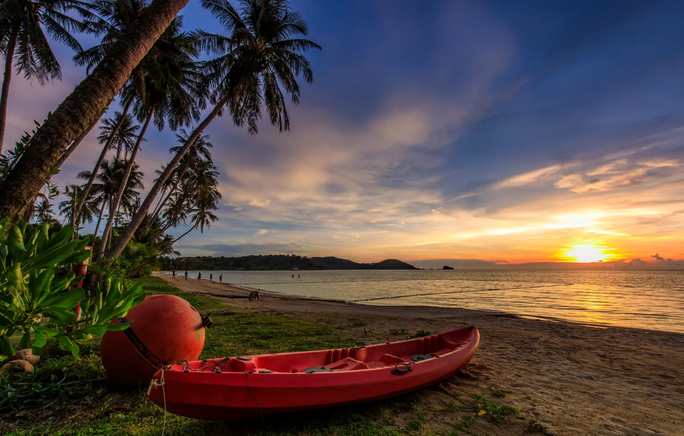 Photo wallpaper sand, sea, wave, beach, summer, the sky, sunset, palm trees
