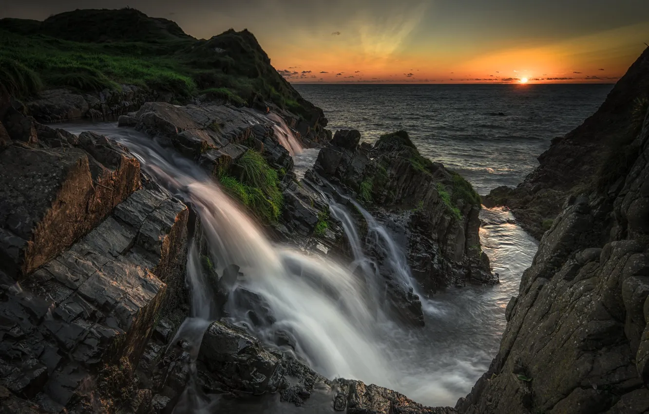 Photo wallpaper sunset, rocks, waterfall