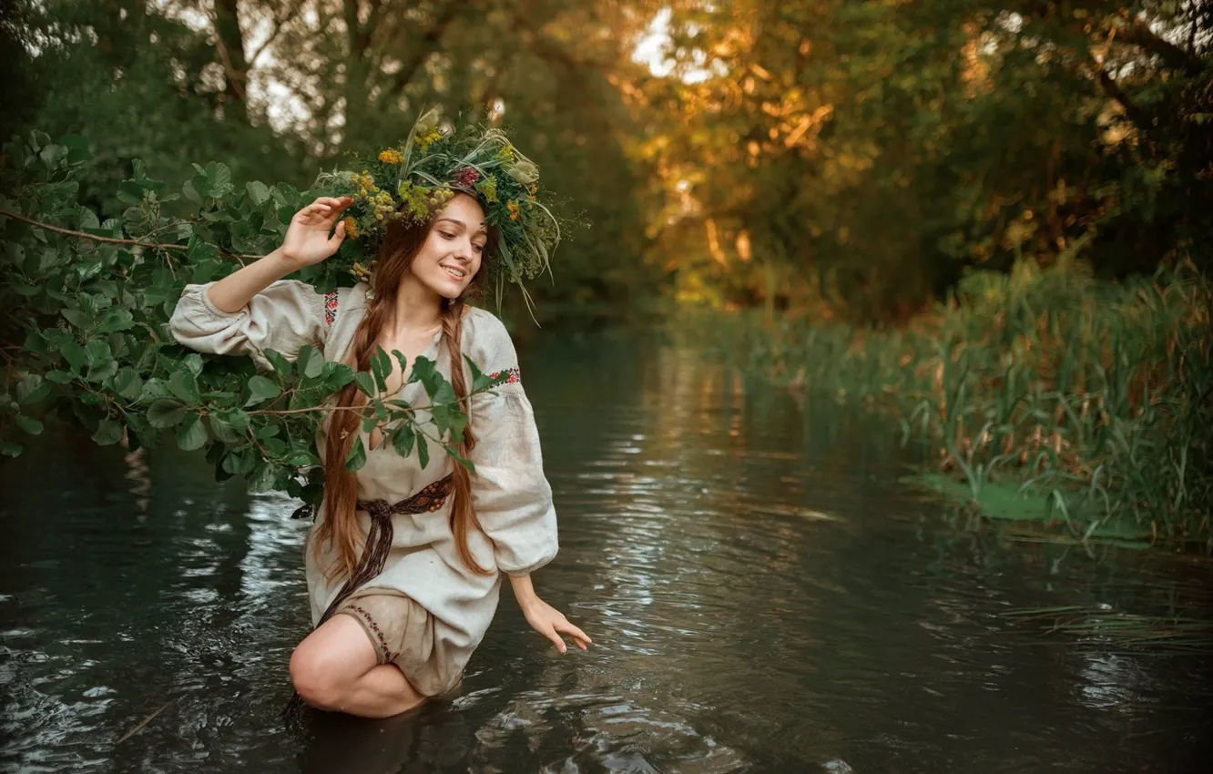 Photo wallpaper summer, look, water, girl, nature, pose, river, wreath