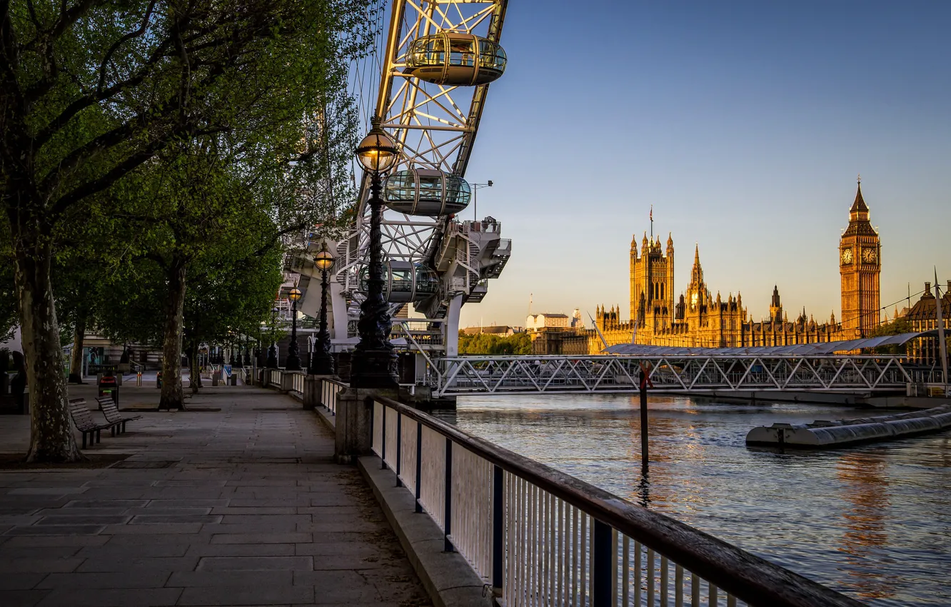 Photo wallpaper river, England, London, tower, Thames, Ferris wheel, Parliament